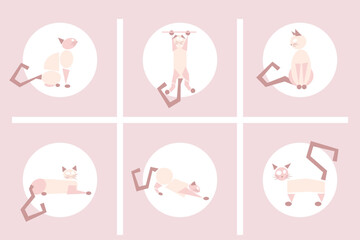 Set of pink abstract cats in various poses. 