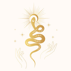 Golden wriggling serpent with hands, stars and the sun. Celestial print for design of t-shirts, fabrics, cards and covers. Vector illustration for witchcraft.