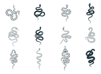 Hand drawn esoteric snakes set. Mystical witchy elements. Spiritual vector illustration for for design of t-shirts, fabrics, tattoo, cards and covers.