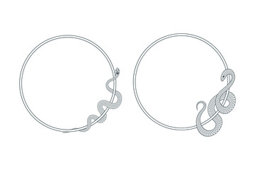Hand drawn round frames with a snake wrapping around it. Vector isolated mystical oval borders.