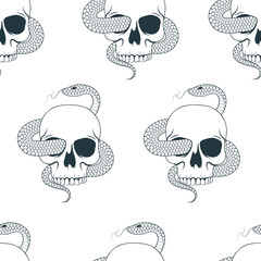 Hand drawn skulls with snakes seamless pattern. Mystical texture for witchcraft in vintage style  for t-shirt design, textile, bags and wrapping paper.