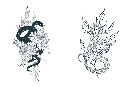 Hand drawn twisted snakes with water lilies and branches. Mystical floral serpent set in vintage style  for tattoo, covers,  t-shirt design, fabrics, notebooks and coloring pages.