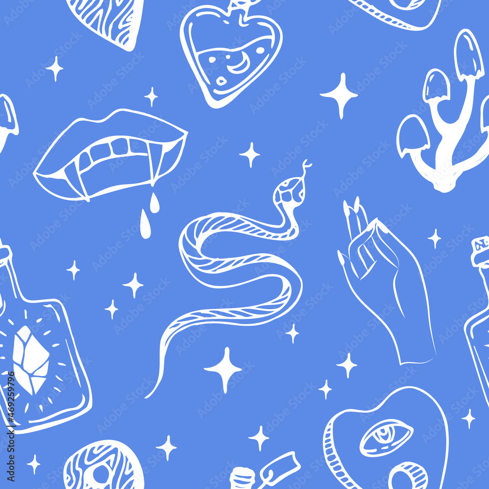 Sticker vector seamless pattern with boho hand drawn mystical or magic esoteric doodle elements and logo ico