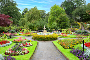 Formal garden with fountain and flower beds.  In The Dingle, Part of The Quarry in Shrewsbury,...