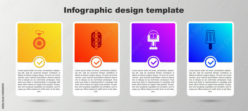 Canvas Prints Set Unicycle or one wheel bicycle, Hotdog sandwich, Attraction carousel and Ice cream. Business infographic template. Vector