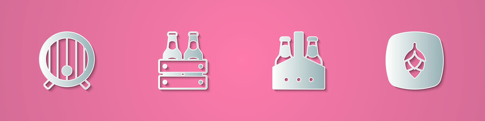 Set paper cut Wooden barrel, Pack of beer bottles, and Hop icon. Paper art style. Vector