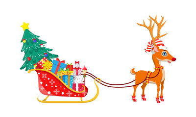Beautiful Santa Clause sleigh standing with reindeer on white background with full of gift boxes and Christmas tree isolated