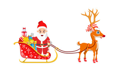 Beautiful Santa Clause character standing and  sleigh standing with reindeer on white background with full of gift boxes isolated