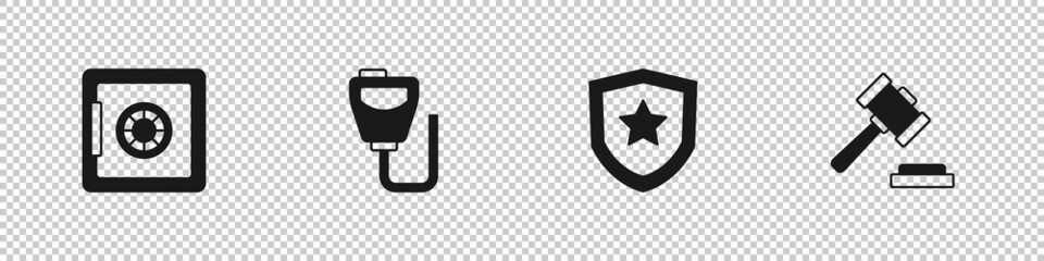 Set Safe, Walkie talkie, Police badge and Judge gavel icon. Vector