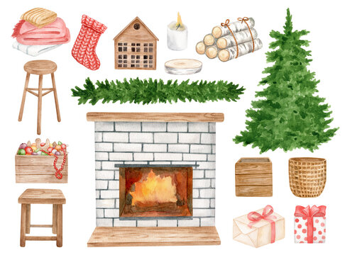Watercolor Christmas home decoration set. Hand drawn fireplace, christmas tree, gift boxes, stocking, candle, firewood isolated on white background. Vintage winter decor clipart