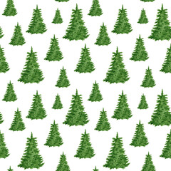 Watercolor spruce forest seamless pattern. Hand painted evergreen fir trees isolated on white background. Woodland repeated design for Christmas, winter cards, textile, wrapping paper