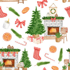 Watercolor winter seamless pattern with fireplace, Christmas tree and Christmas socks isolated on white background. New year celebration. Festive home decor repeated design for wrapping paper