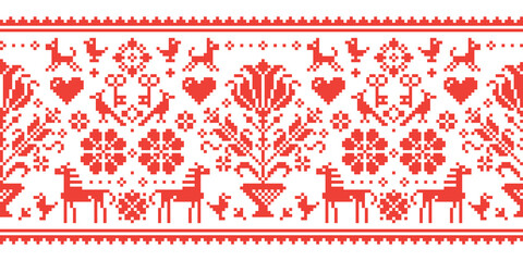 Traditional cross-stitch vector seamless folk art pattern with horses, flowers and birds - repetitive background inspired by German and Austrian ornaments
