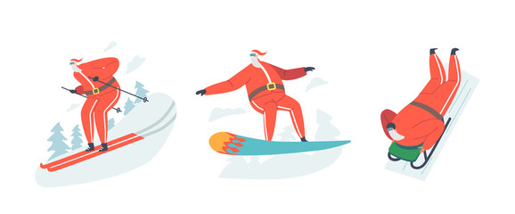 Set Santa Claus Healthy Lifestyle, Extreme Recreation, Christmas Character Winter Sport Snowboard, Skiing, Sliding