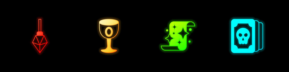 Set Magic stone, Medieval goblet, scroll and Tarot cards icon. Vector
