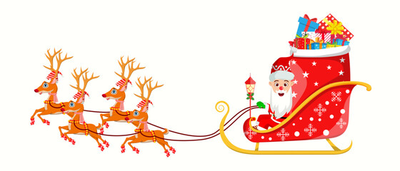 Beautiful Santa Clause sleigh running with reindeer on white background with gift boxes
