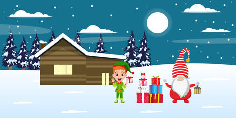 Cute beautiful kid boy and Santa Clause characters standing on snow field on front of houses night background with moon trees night sky snow falling with gift boxes and waving