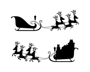 Cute beautiful Santa Clause empty and full of gift boxes sleigh running with reindeer black color Silhouette