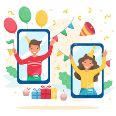 Online party concept illustration. Happy people in screen smartphone celebrating. Flat vector illustration.