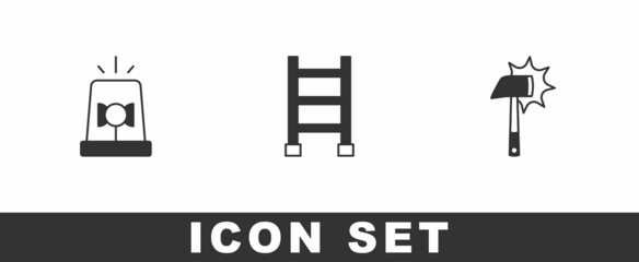 Set Flasher siren, Fire escape and Firefighter axe icon. Vector