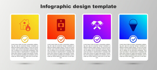 Set Fire in burning house, alarm system, Firefighter axe and cone bucket. Business infographic template. Vector