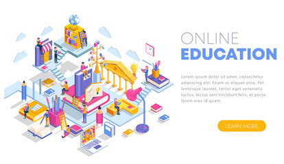 Fototapeta na wymiar Modern flat design isometric concept of Online Education. Landing page template. Training courses, specialization, tutorials, lectures. Can use for web banner, infographics. 3D illustration