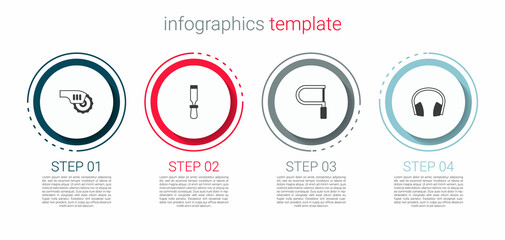 Set Electric circular saw, Chisel tool, Hacksaw and Headphones. Business infographic template. Vector