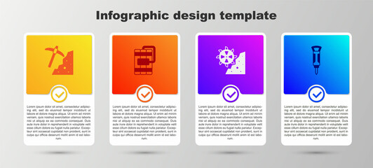 Set Pickaxe, Dynamite, Bucket wheel excavator and Construction jackhammer. Business infographic template. Vector