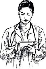 Hand sketch of a young female doctor. Vector illustration.