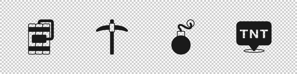 Set Dynamite, Pickaxe, Bomb and icon. Vector