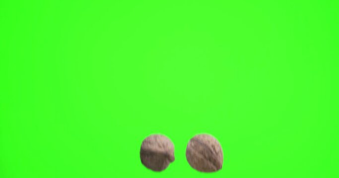 Several walnuts slowly rise and fall against on a green background (chroma key). Slow motion 300 fps. 