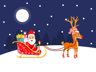 Cute beautiful Santa Clause character  standing with sleigh with reindeer on snow field night background with moon trees night sky snow falling with gift boxes 
