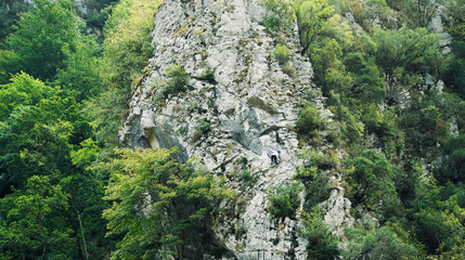 Young man climbing a challenging route on a rocky wall.