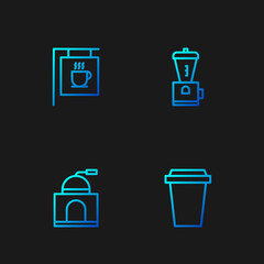 Set line Coffee cup to go, Manual coffee grinder, Street signboard and Electric. Gradient color icons. Vector