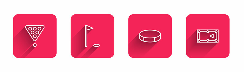 Set line Billiard balls in rack triangle, Golf flag, Hockey puck and table with long shadow. Red square button. Vector