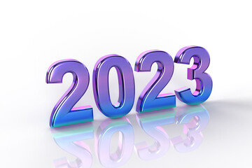 New Year's Eve. Shiny purple and blue lettering 2023 on a white background.