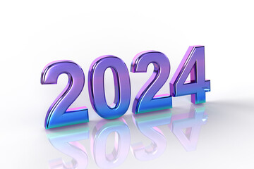 New Year's Eve. Shiny purple and blue lettering 2024 on a white background.