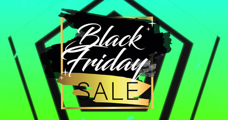 Image of moving pentagons and black friday sale on black background