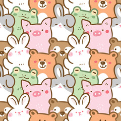 Seamless Pattern of Cartoon Bear, Rabbit, Pig and Frog Illustration Design