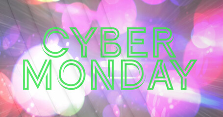 Digital image of green cyber monday sale text banner against colorful spots of light