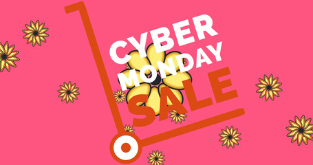 Image of cyber monday sale text over flowers moving in hypnotic motion