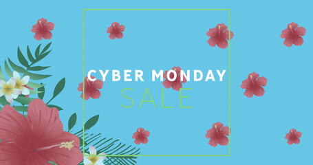 Image of cyber monday sale text in green frame over red flowers on blue background