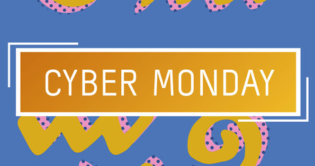 Image of cyber monday text on yellow banner, pink pink and yellow shapes on blue background