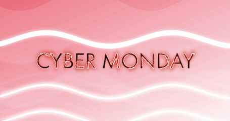 Image of cyber monday text in burning letters over waving white lines on pink background - Powered by Adobe