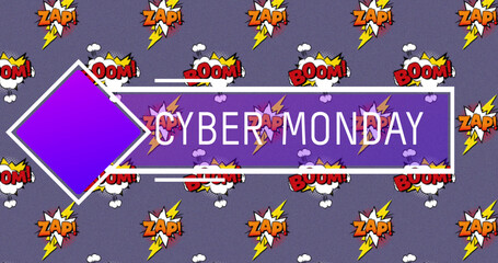 Cyber Monday text over boom and zap text on speech bubbles against purple background