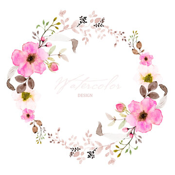 Watercolor wreath design with pink flowers and leaves