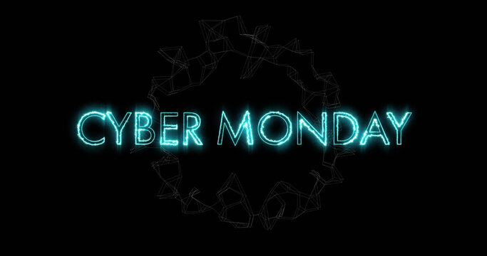 Image of cyber monday text over spinning network of connections on black background