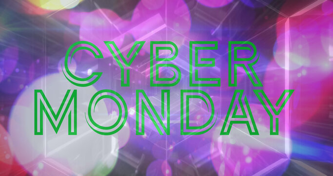 Image of green text, cyber monday, over reflective tunnel and colourful lights