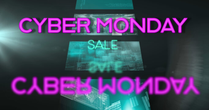 Image of cyber monday sale text over screens with data processing