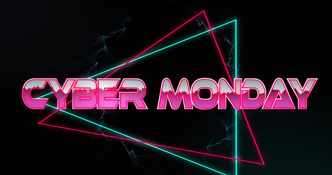 Image of cyber monday text in metallic pink letters with triangles